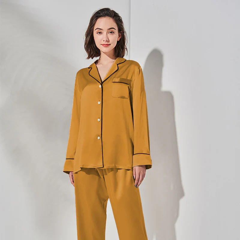 PLAIN SILK NIGHT SUIT - CAMEL BROWN