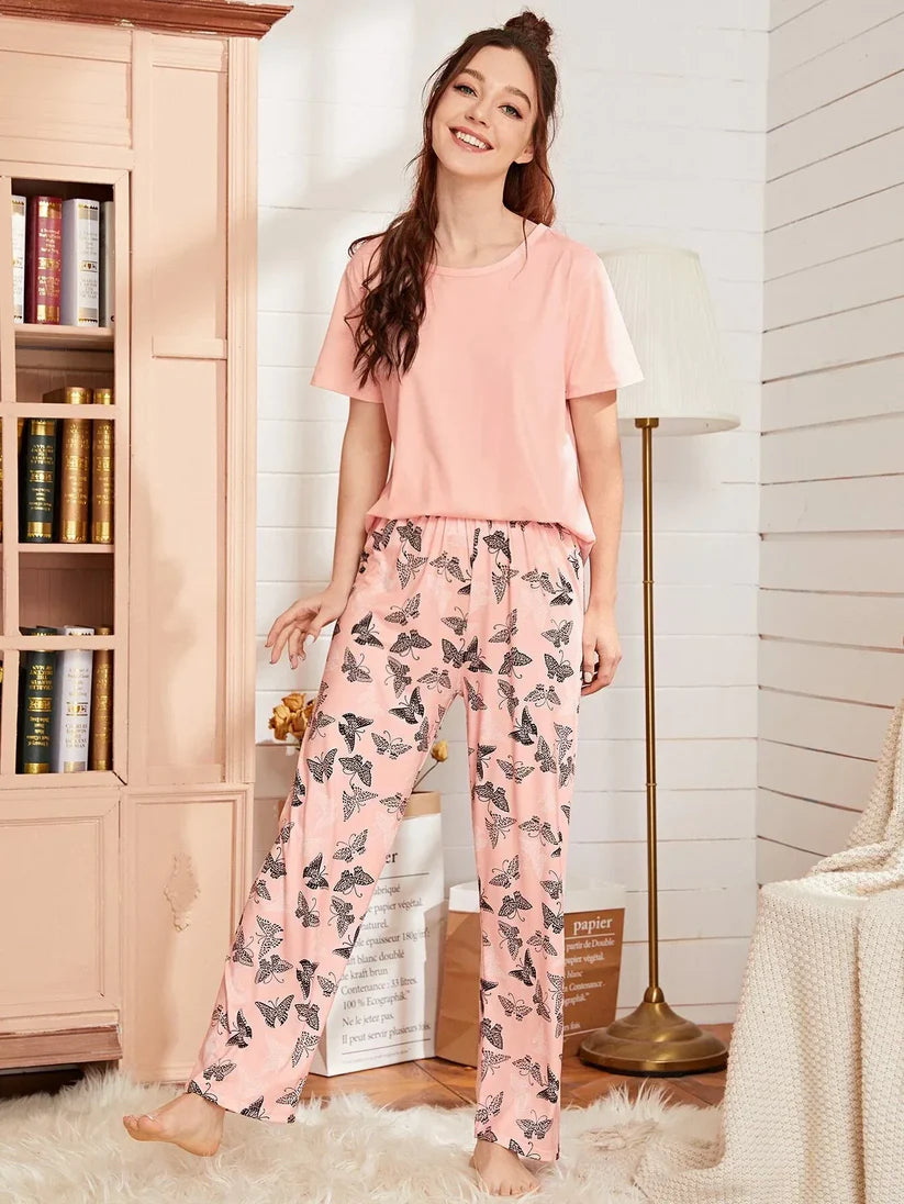 Baby Pink With Butterfly Printed - PJ SUIT FOR WOMEN