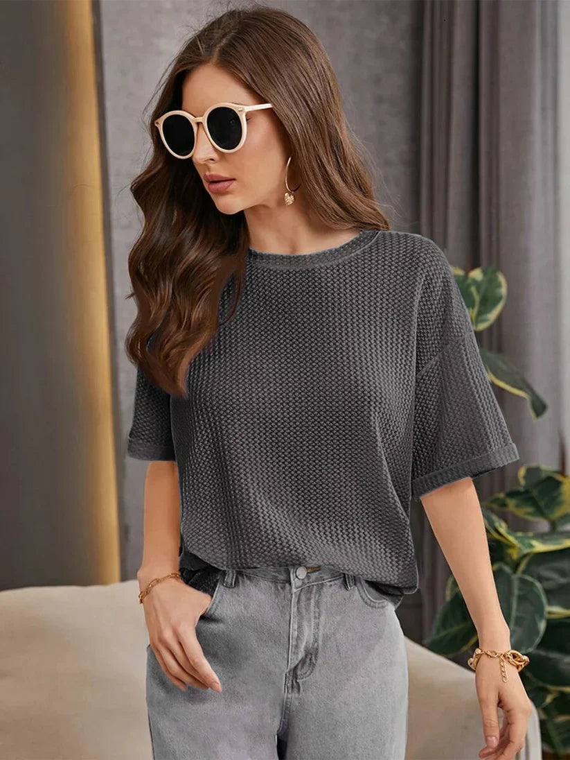 OVERSIZED WAFFLE KNIT TEE FOR WOMEN - CHARCOAL