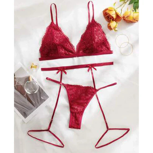 Super Maroon Floral Embroidered Non Padded Bra and Panty Set