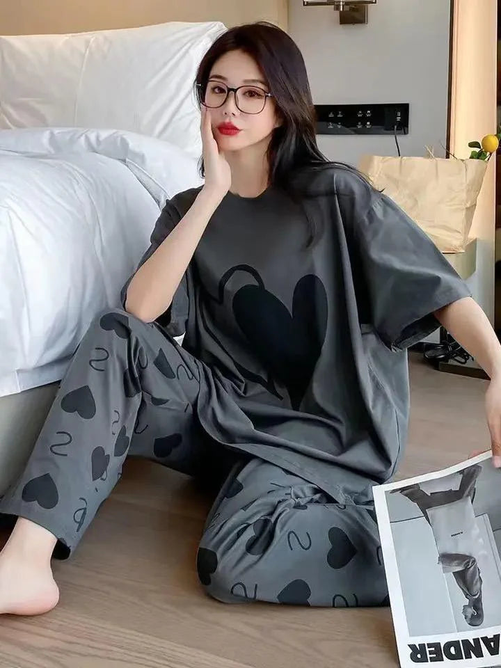 DOUBLE HEART PRINTER CHARCOAL - PJ SUIT FOR WOMEN