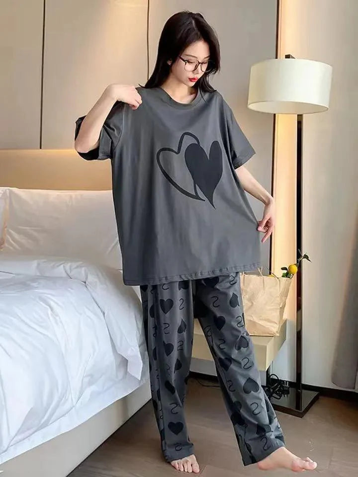 DOUBLE HEART PRINTER CHARCOAL - PJ SUIT FOR WOMEN