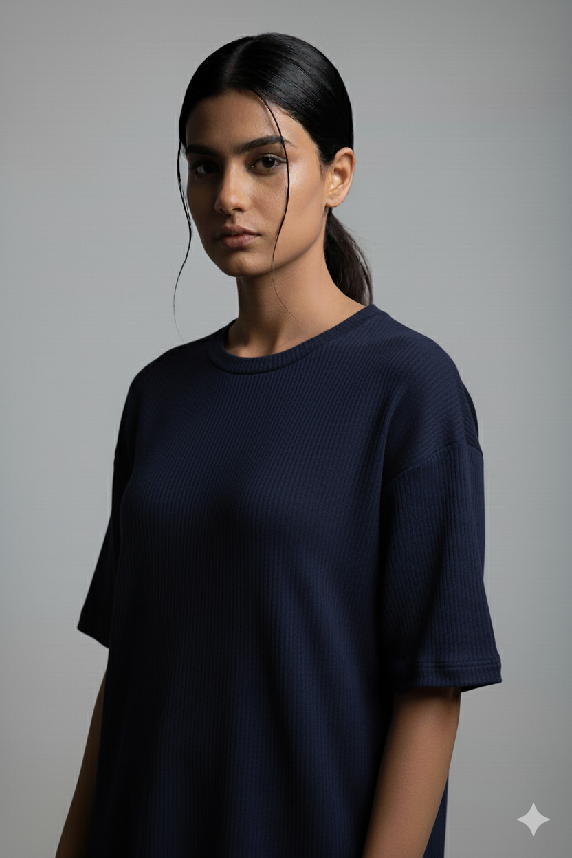 11.11 SALE : Oversized Waffle Knitted T-Shirt for Women - NavyBlue