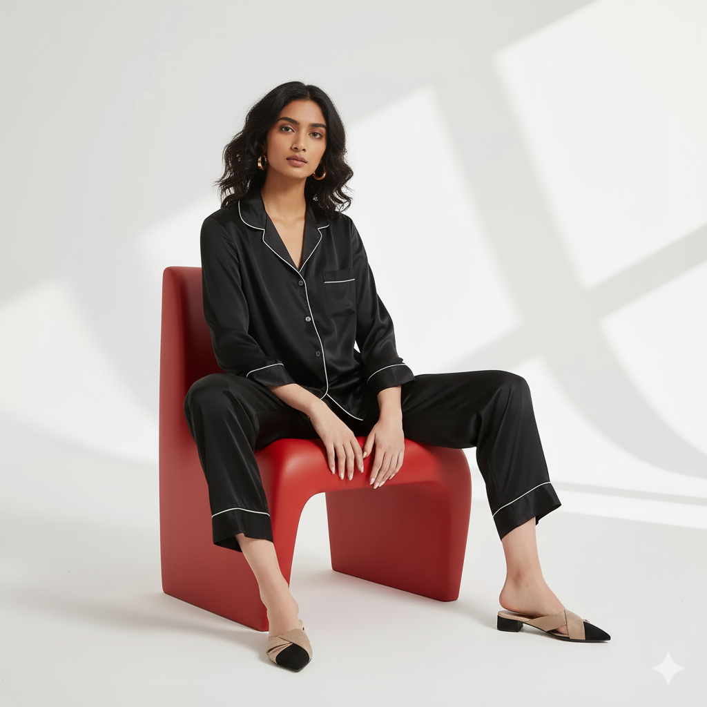 11.11 Sale PLAIN SILK NIGHT SUIT - BLACK