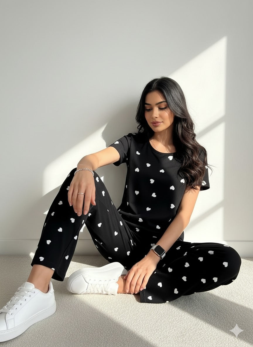 BLACK WHITE SMALL HEART - PJ SUIT FOR WOMEN