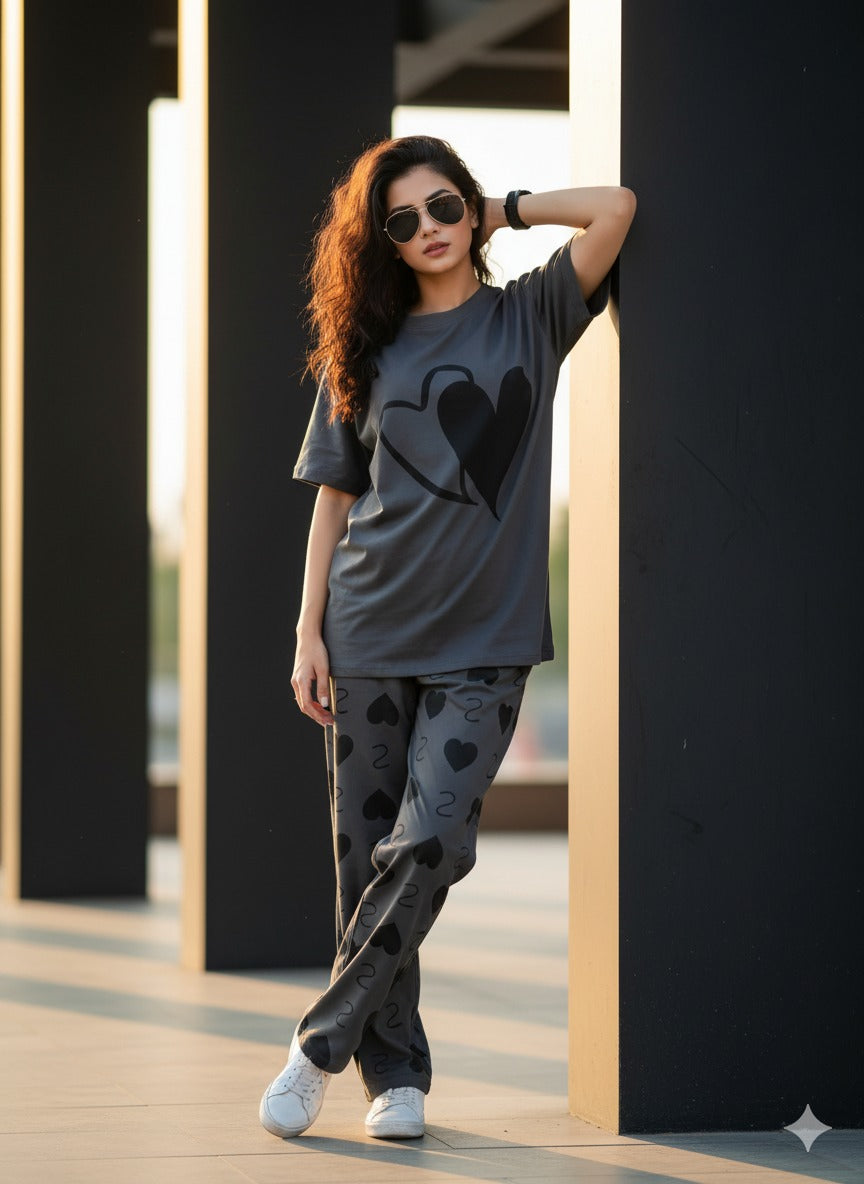 DOUBLE HEART PRINTER CHARCOAL - PJ SUIT FOR WOMEN