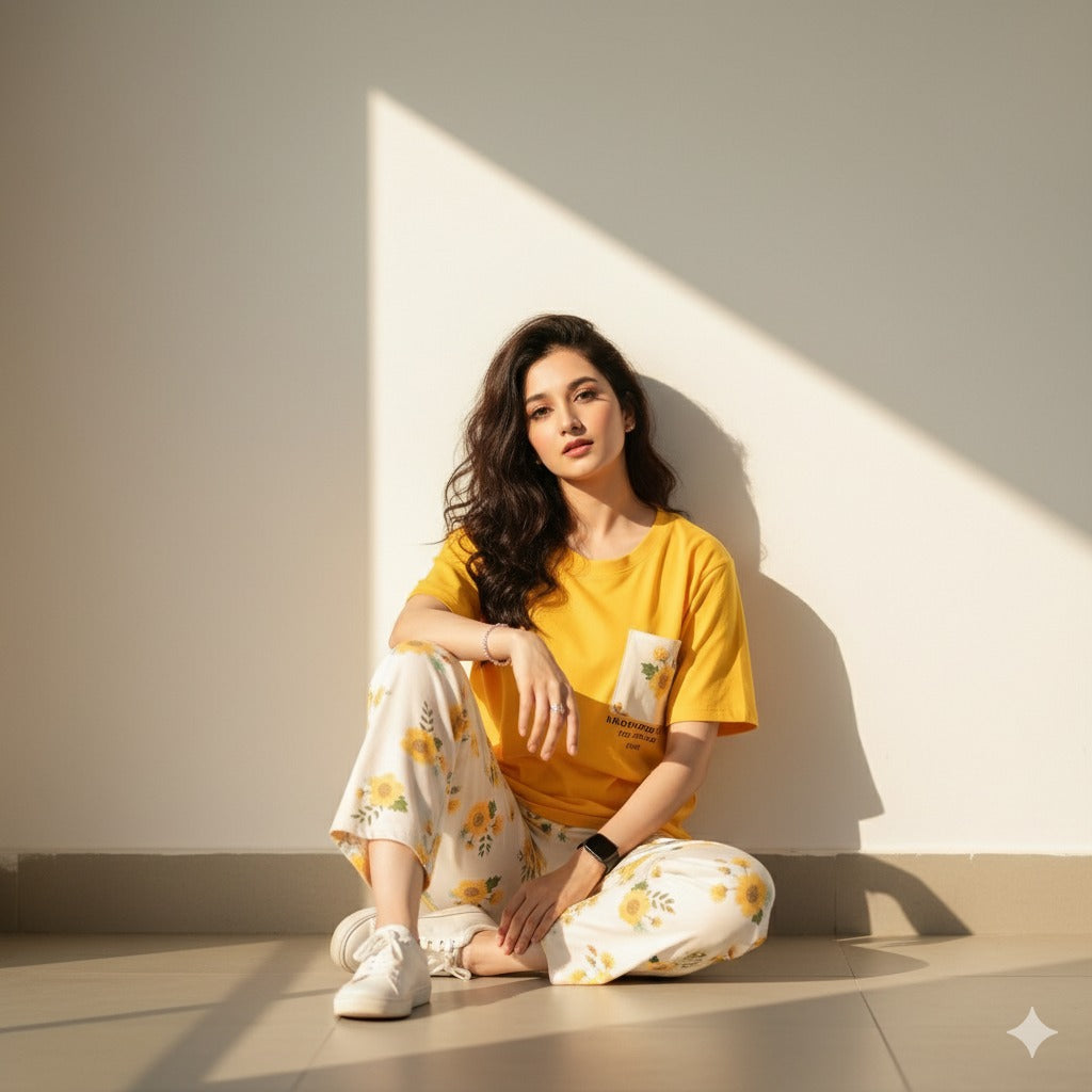 YELLOW POCKET PRINTED - PJ SUIT FOR WOMEN