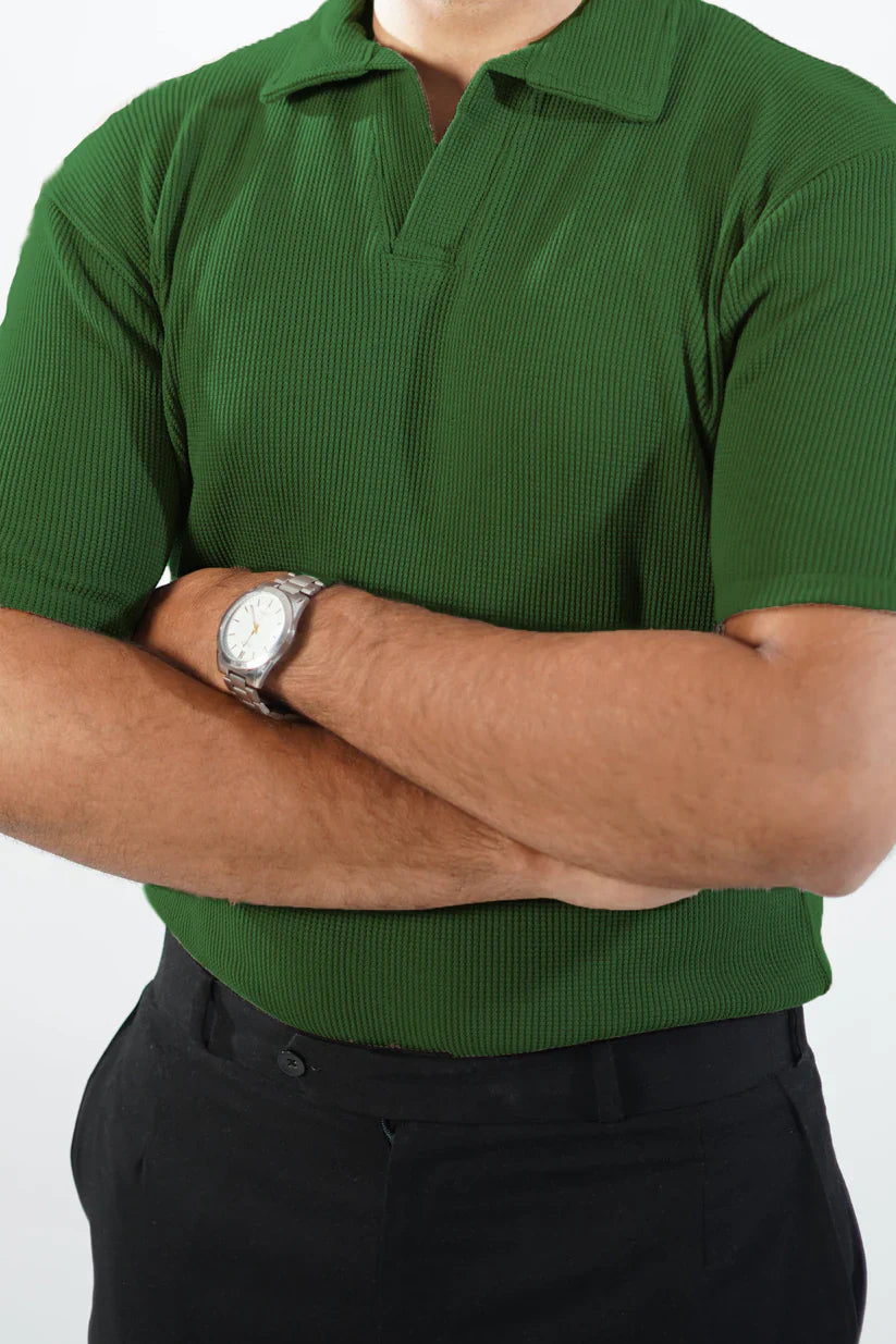 WAFFLE KNIT POLO T-SHIRT For Men - OLIVE