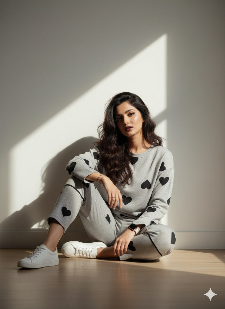 GREY HEART - FULL SLEEVES PJ SUIT FOR WOMEN