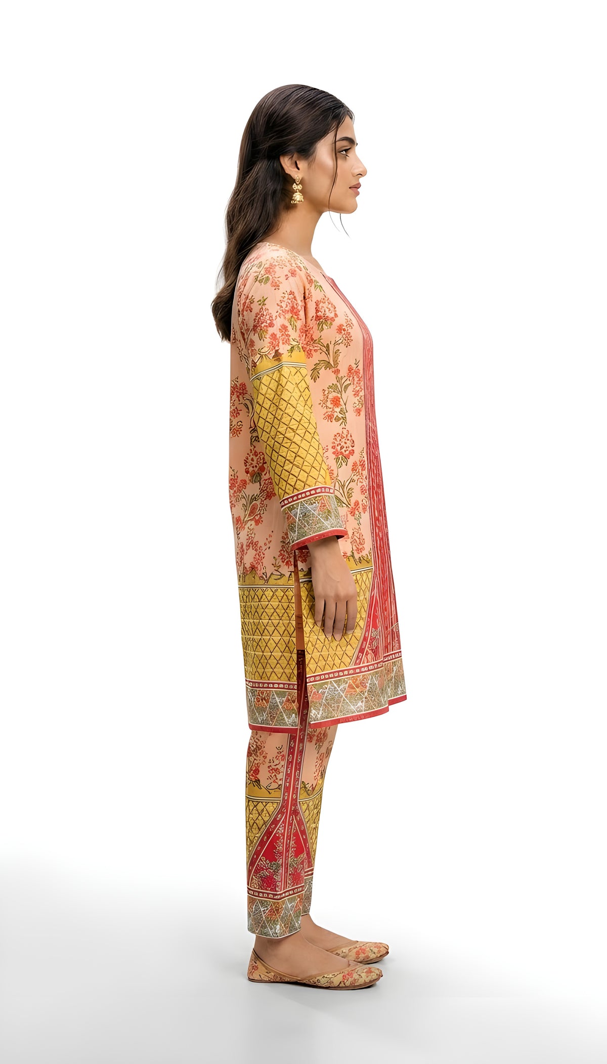 Peach and mustard floral printed 2-piece suit, front view