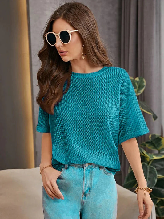 OVERSIZED WAFFLE KNIT TEE FOR WOMEN - TURKISH GREEN