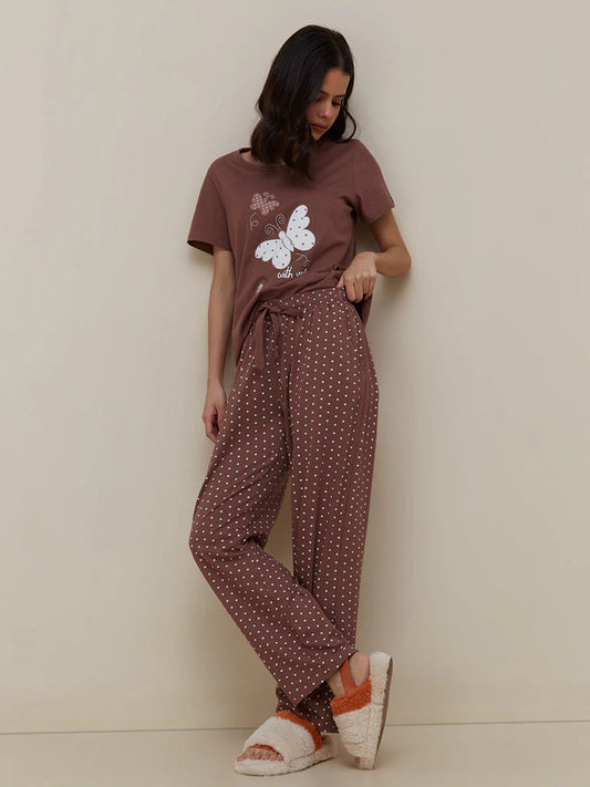 Brown ButterFly Printed  - PJ SUIT FOR WOMEN