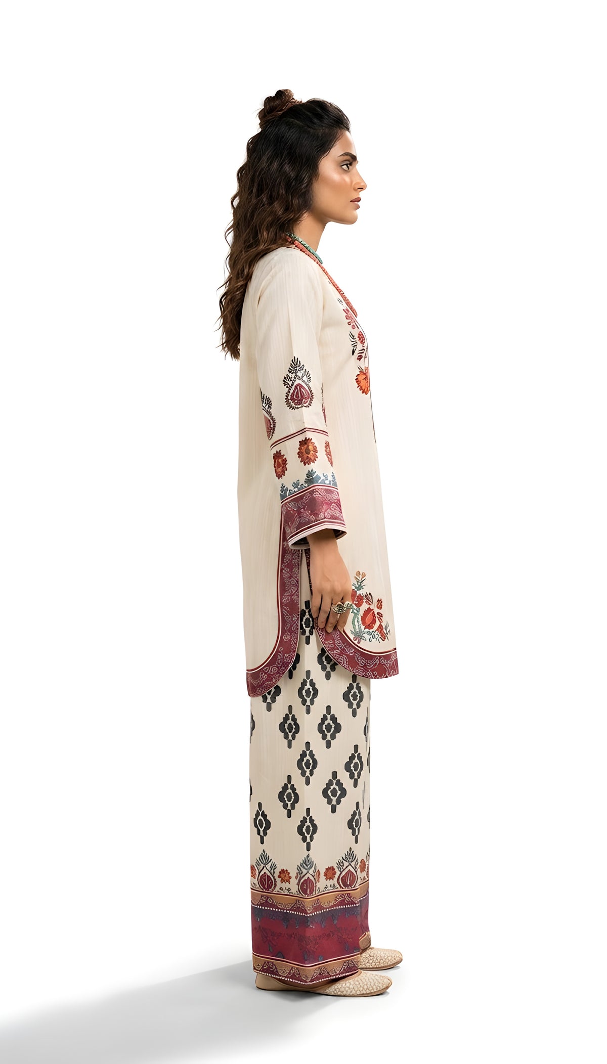 Back view of ivory printed 2-piece suit