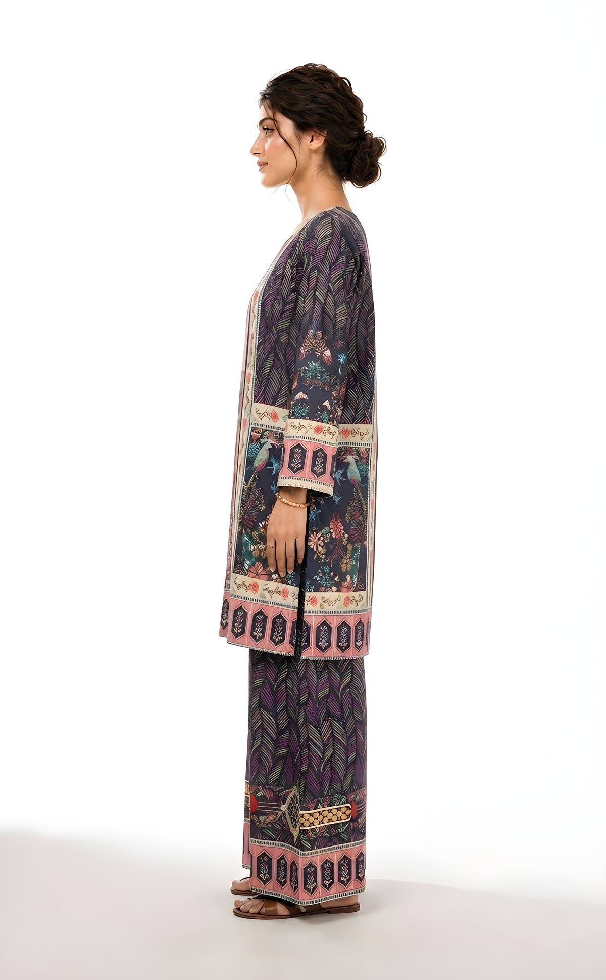 Charcoal bird and floral printed 2-piece suit, back view
