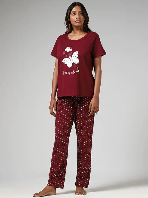 MAROON BUTTERFLY PRINTED - PJ SUIT FOR WOMEN