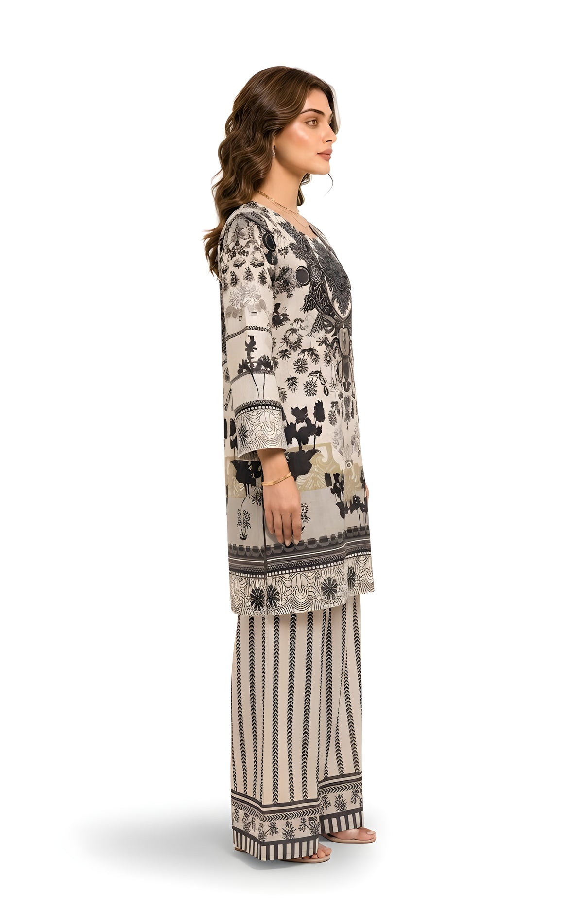 Ivory and black monochrome printed 2-piece suit, side view