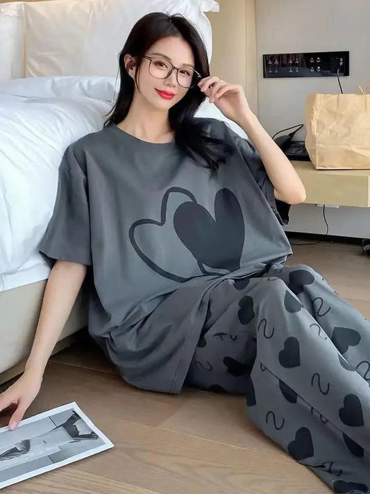DOUBLE HEART PRINTER CHARCOAL - PJ SUIT FOR WOMEN