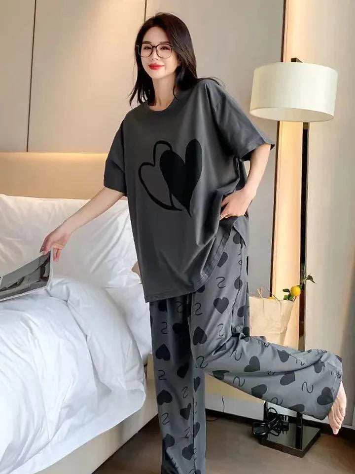 DOUBLE HEART PRINTER CHARCOAL - PJ SUIT FOR WOMEN