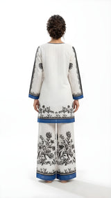 White and blue floral printed 2-piece suit, side view