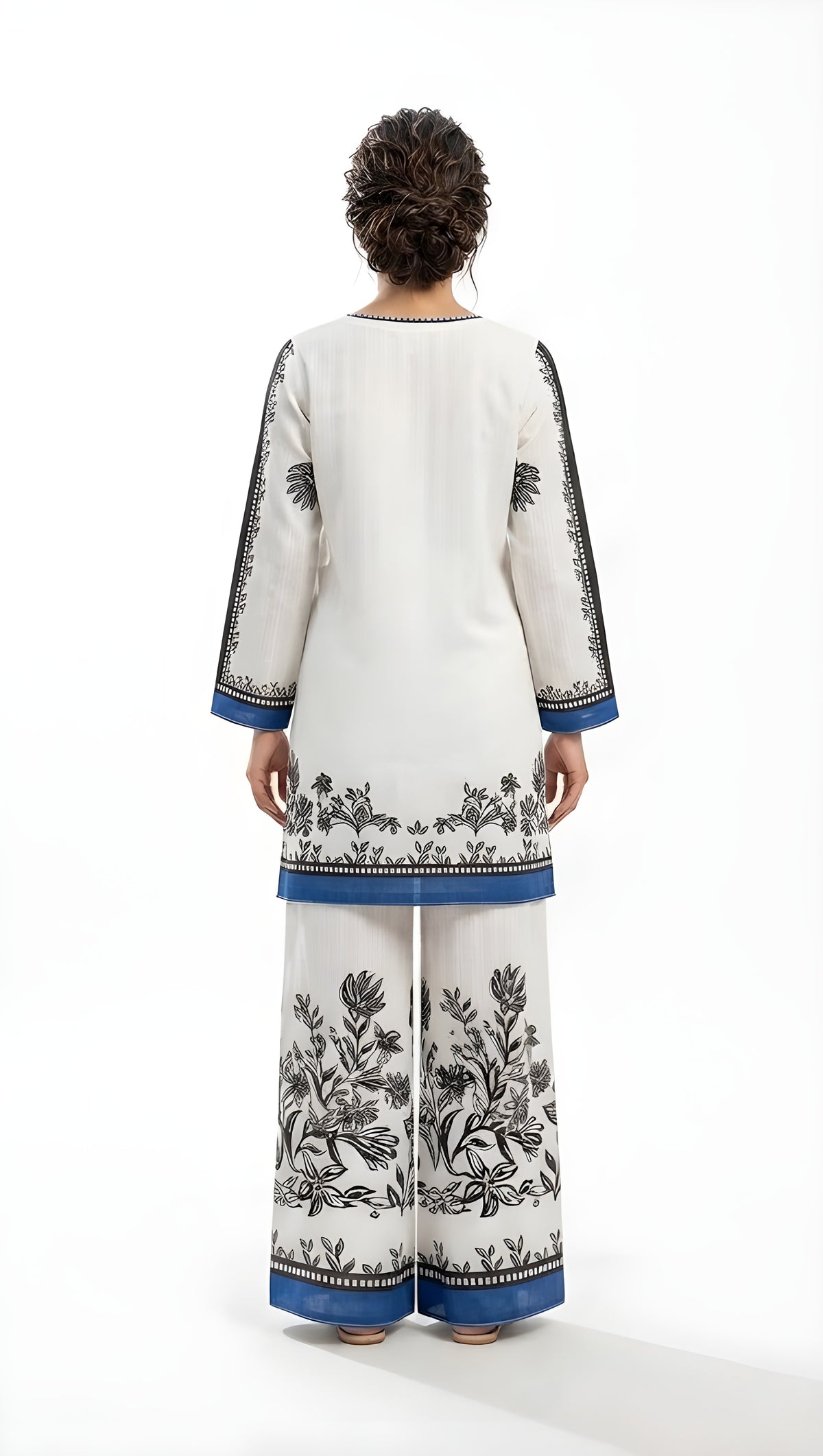 White and blue floral printed 2-piece suit, side view