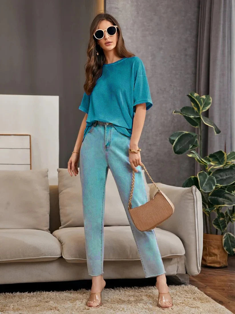OVERSIZED WAFFLE KNIT TEE FOR WOMEN - TURKISH GREEN
