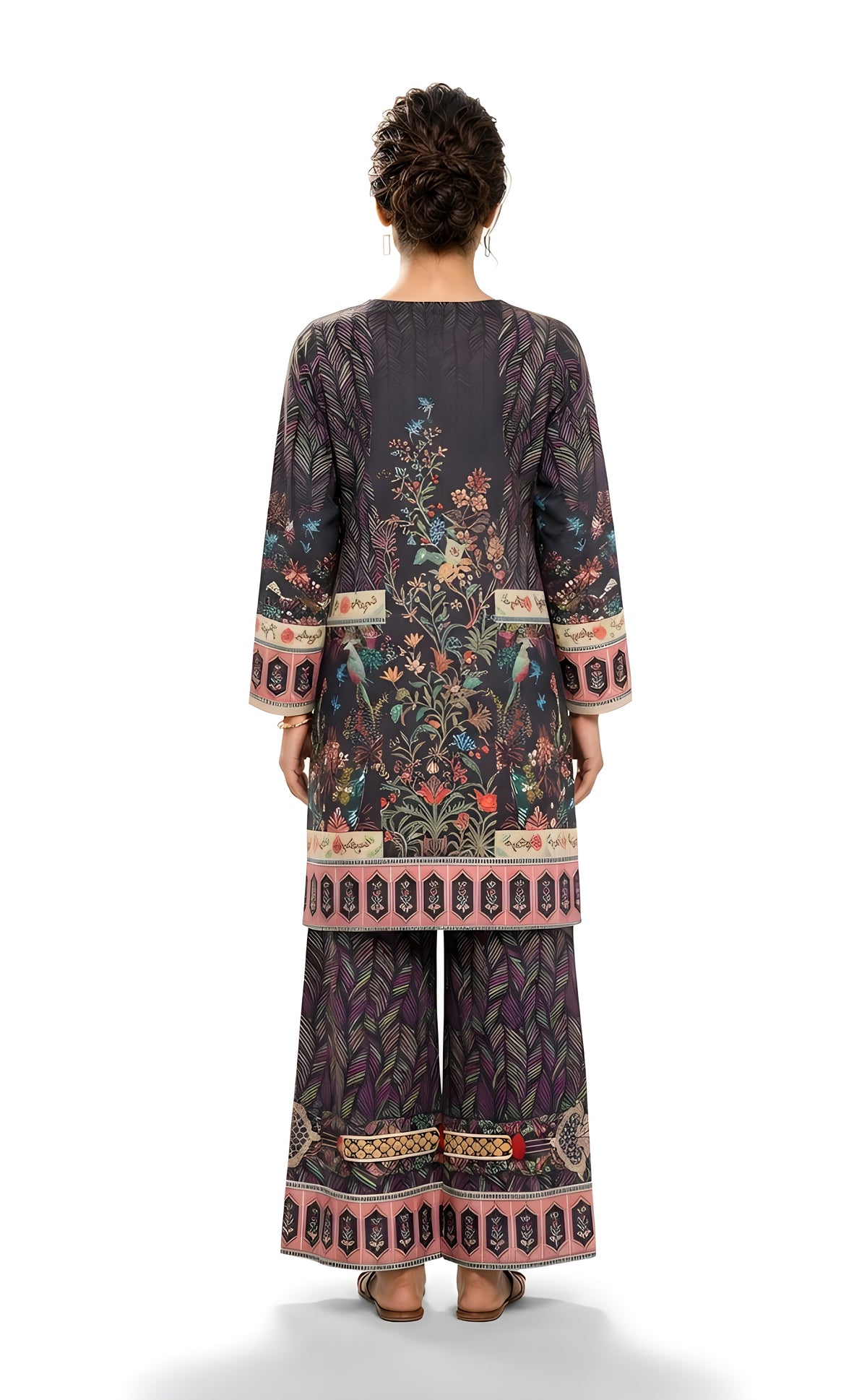 Charcoal bird and floral printed 2-piece suit, side view