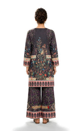 Charcoal bird and floral printed 2-piece suit, side view