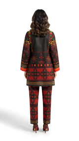 Red and black folk printed 2-piece suit, front view