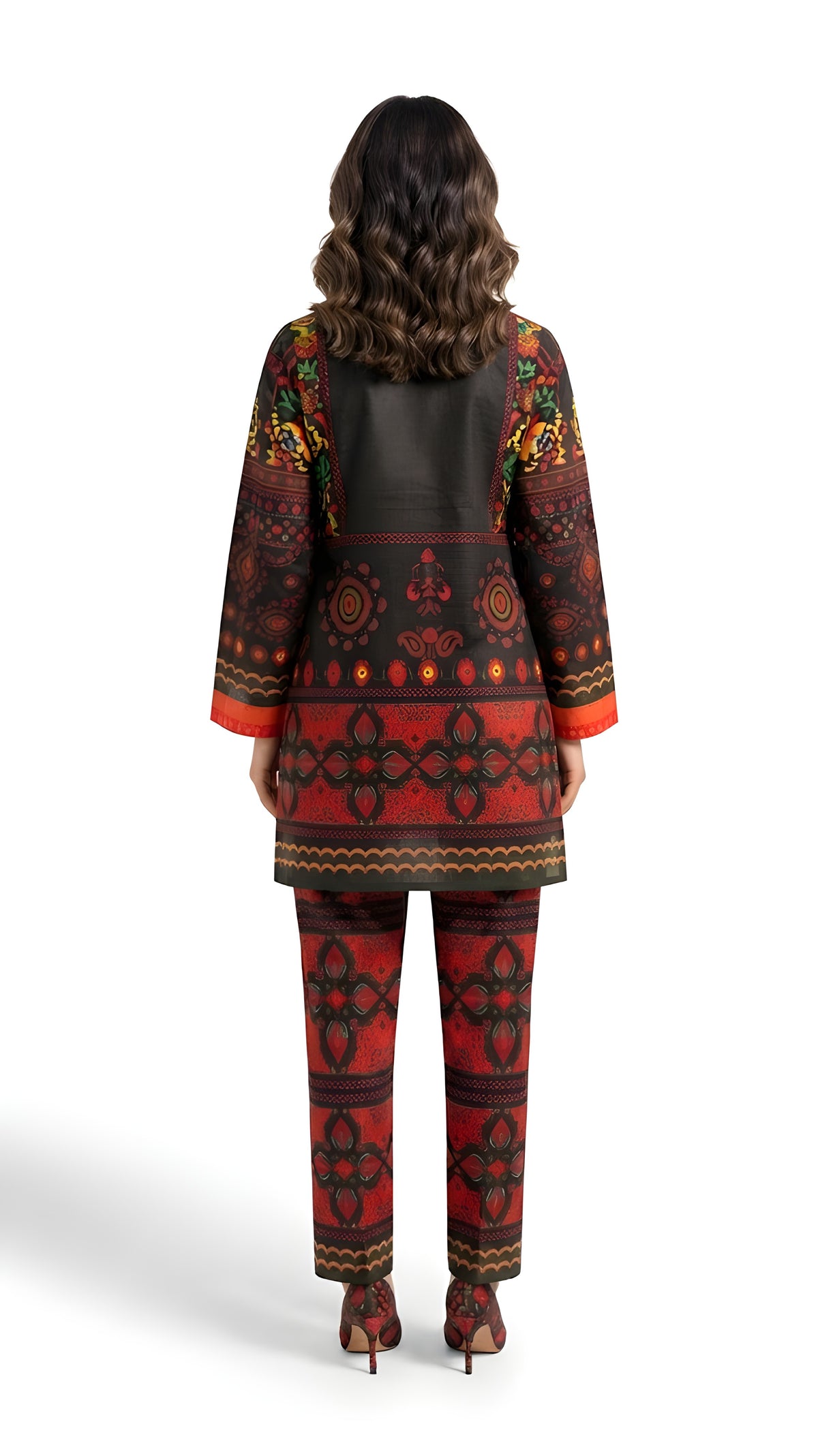 Red and black folk printed 2-piece suit, front view