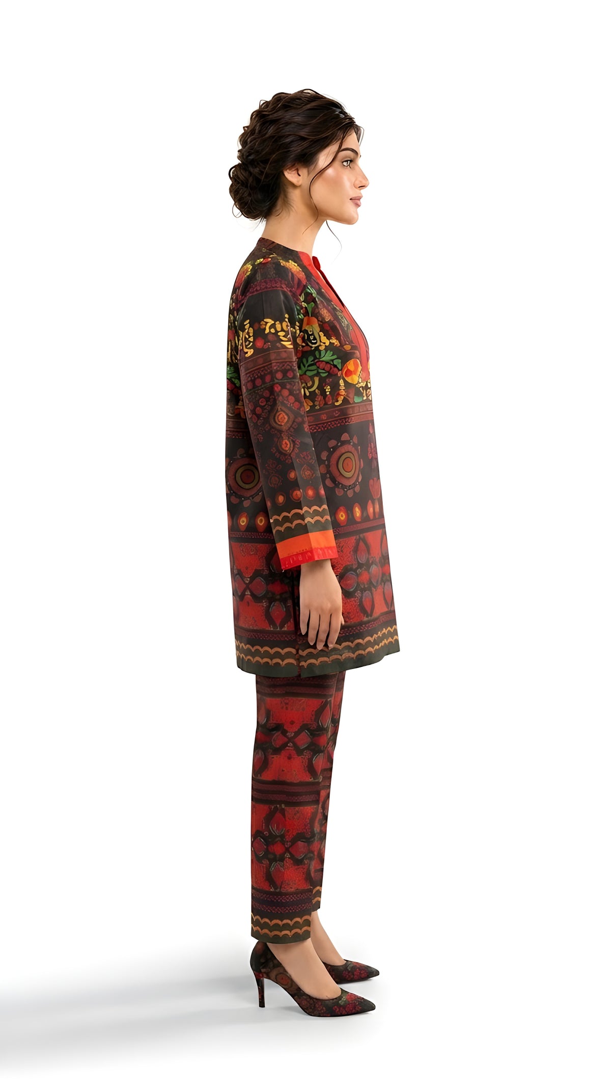 Red and black folk printed 2-piece suit, back view