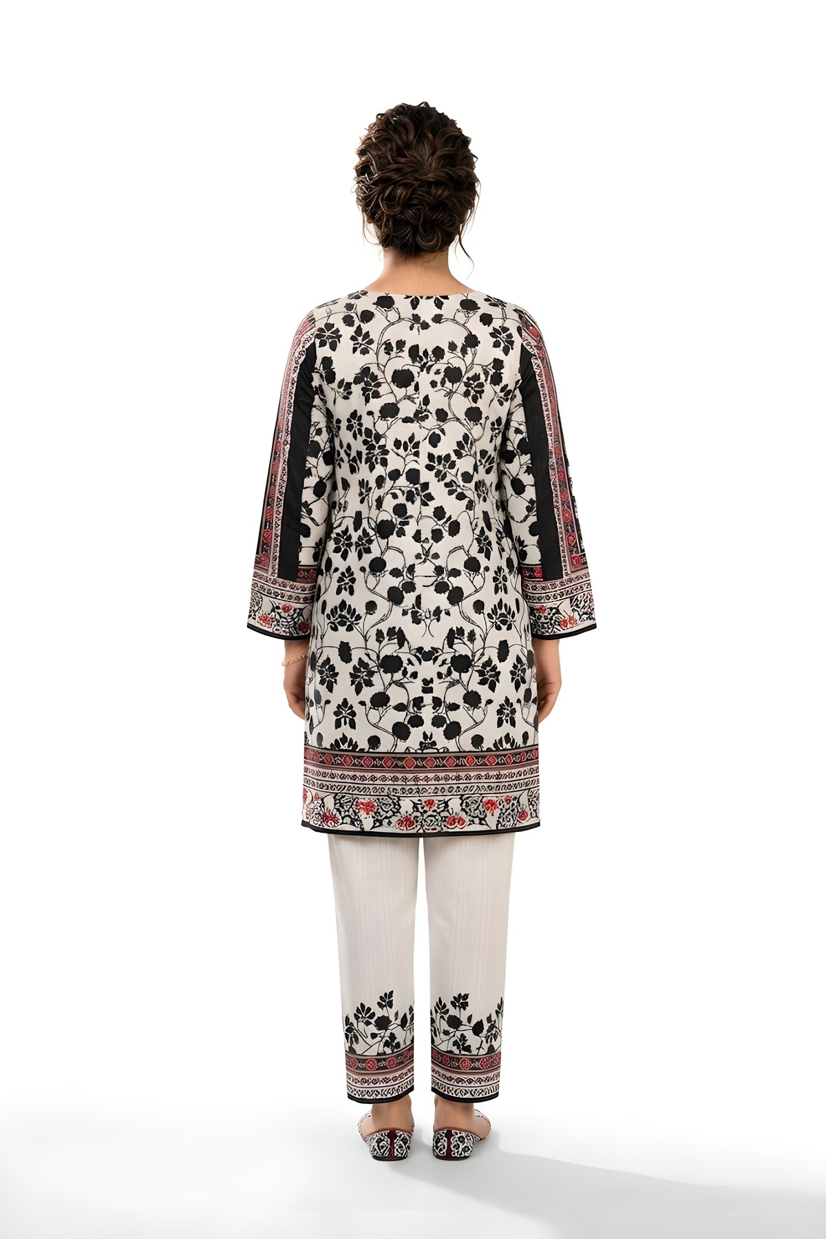 Black and white floral printed 2-piece suit, back view