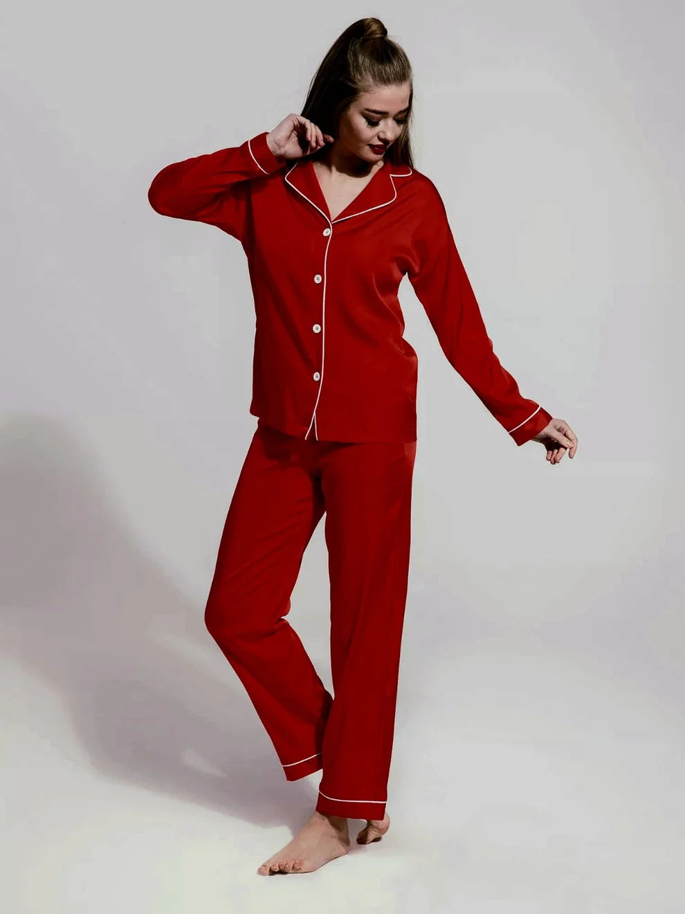 PLAIN SILK NIGHT SUIT - REDWINE