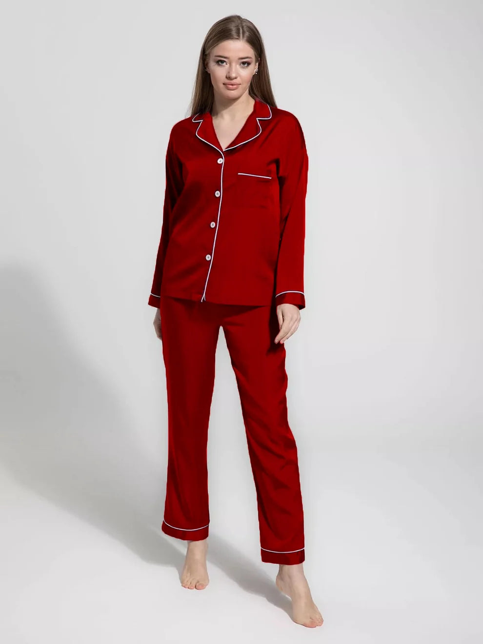 PLAIN SILK NIGHT SUIT - REDWINE