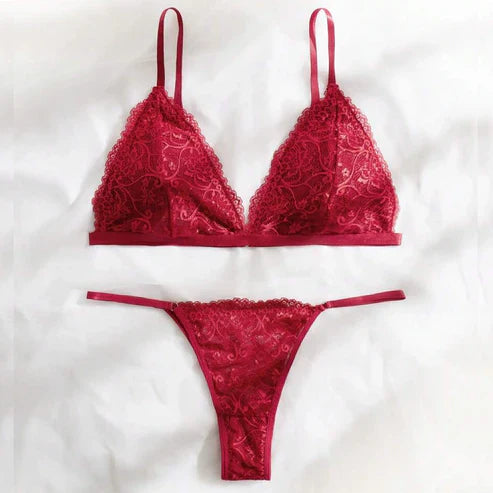 Super Maroon Floral Embroidered Non Padded Bra and Panty Set