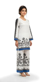 White and blue floral printed 2-piece suit, angled view