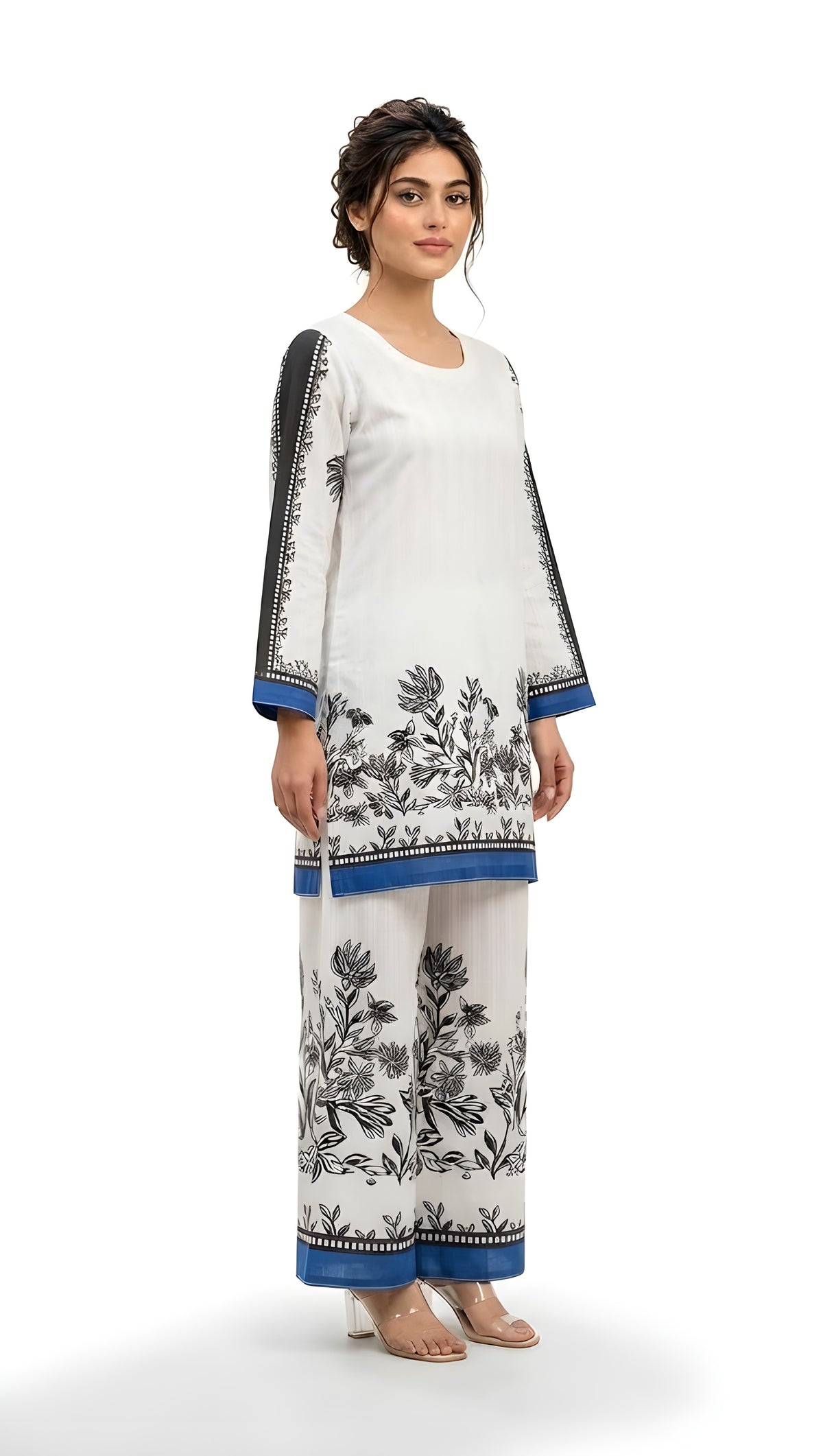 White and blue floral printed 2-piece suit, angled view