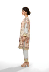 Peach paisley printed 2-piece suit, angled view