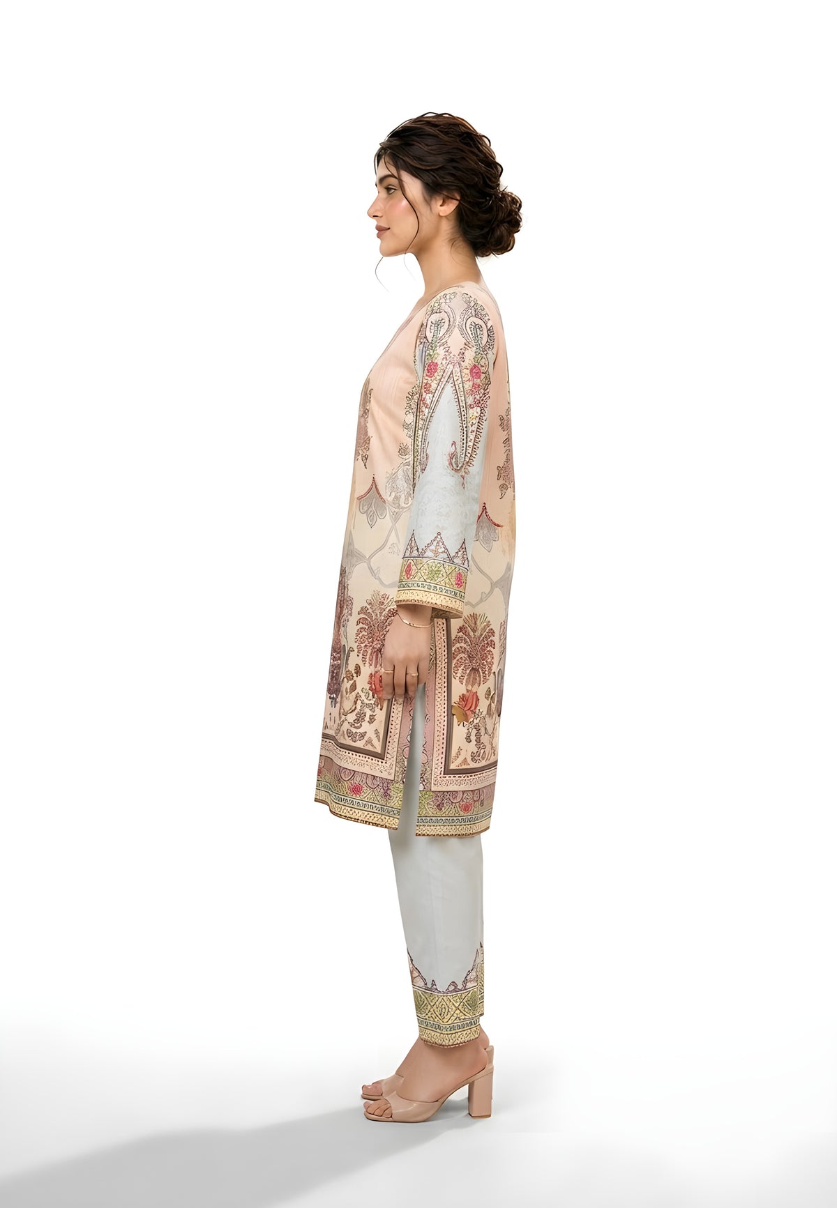 Peach paisley printed 2-piece suit, angled view