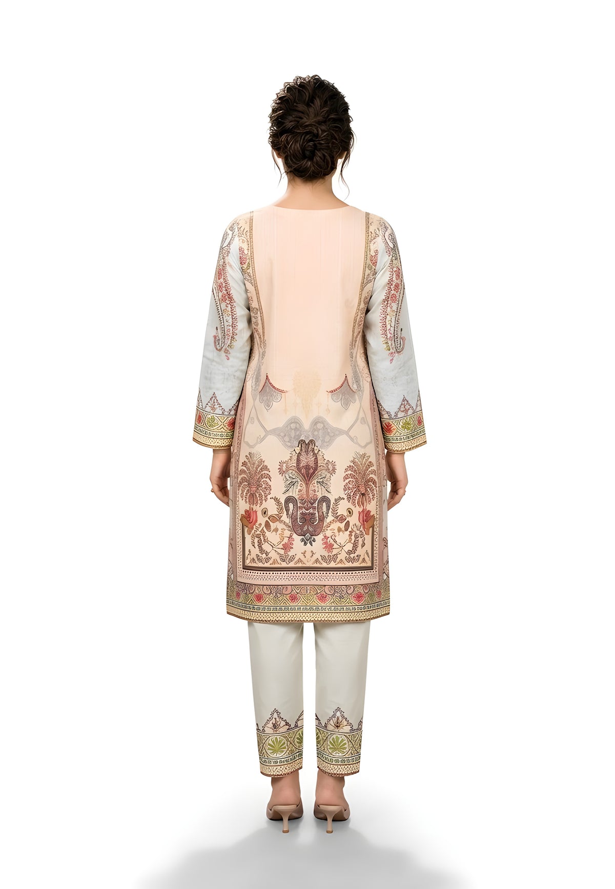 Peach paisley printed 2-piece suit, back view