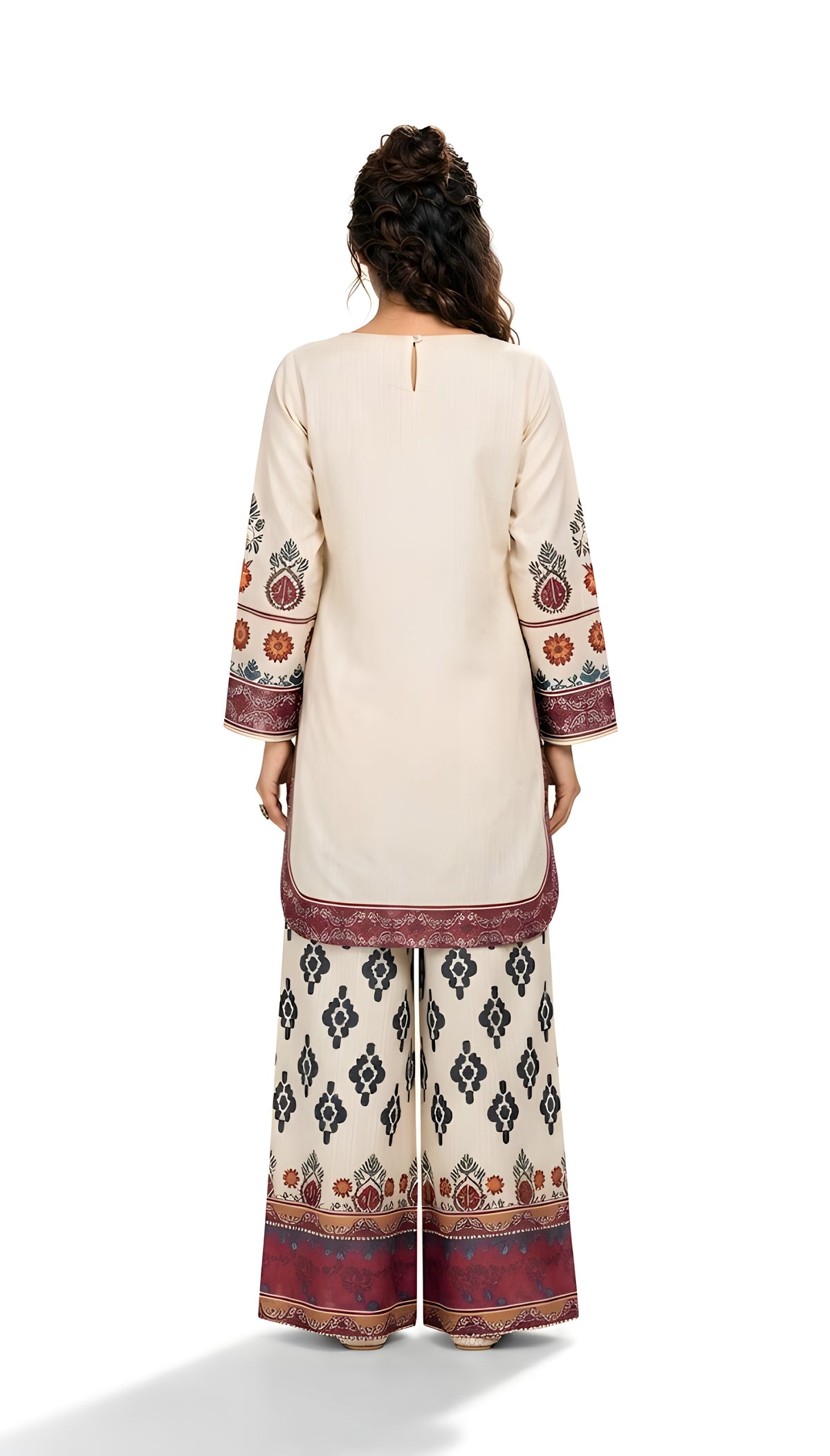 Angled view of ivory printed 2-piece suit