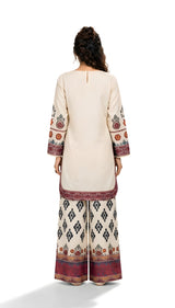Angled view of ivory printed 2-piece suit