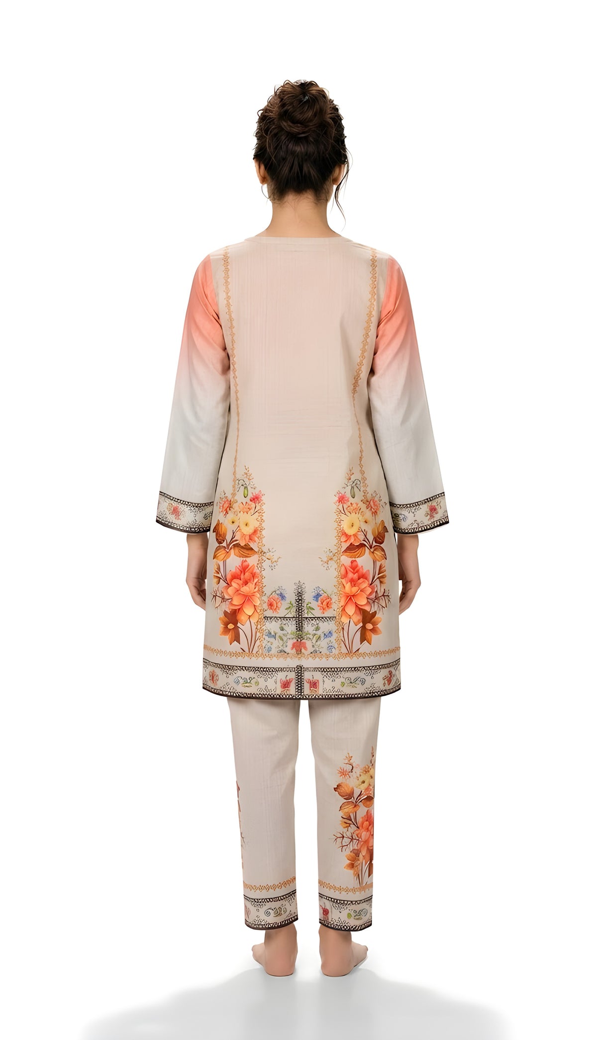 Coral ombre floral printed 2-piece suit, back view