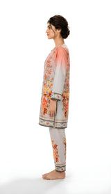 Coral ombre floral printed 2-piece suit, profile view