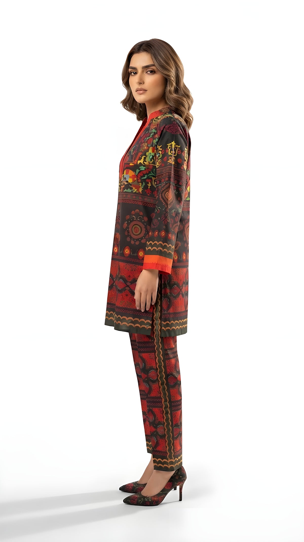 Red and black folk printed 2-piece suit, side view