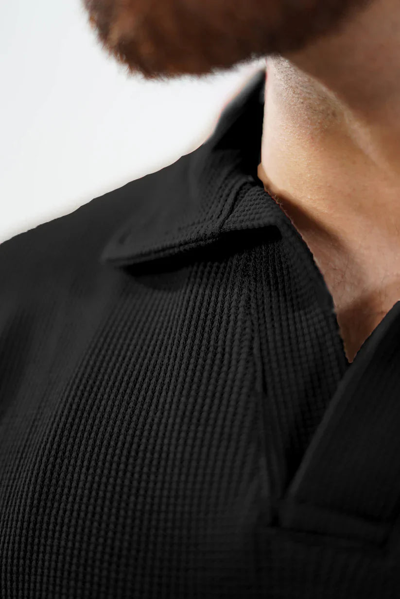 WAFFLE KNIT POLO T-SHIRT For Men - BLACK