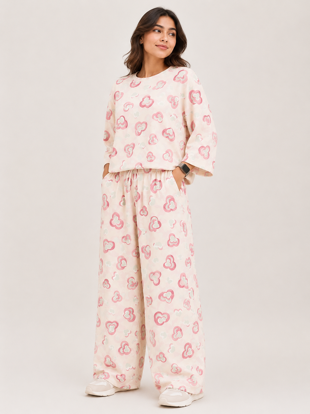 Women's Premium Barbary Fabric Sleepwear Set – Loose Trouser & Short Tee SBSPJ-09