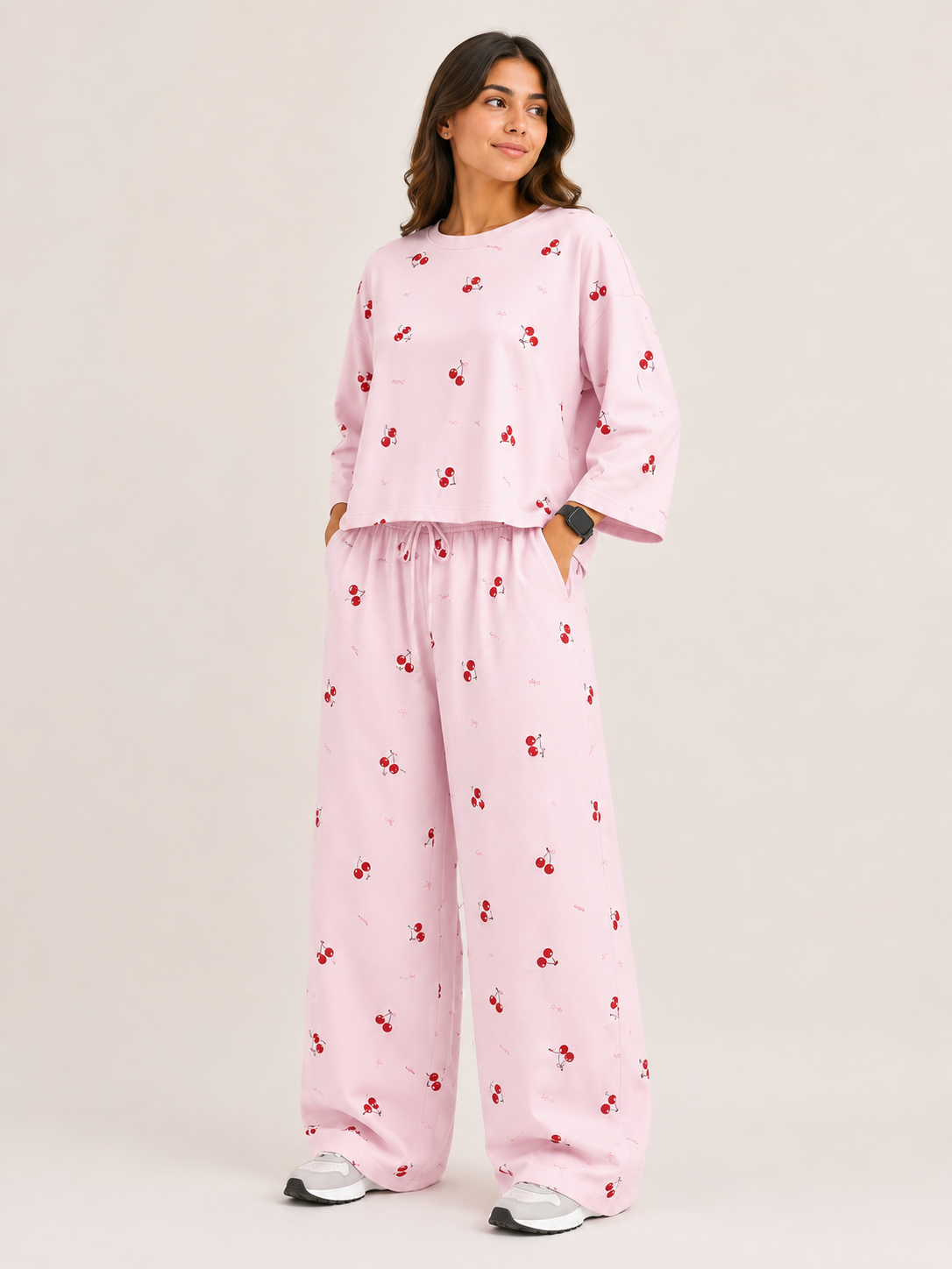 Women's Premium Barbary Fabric Sleepwear Set – Loose Trouser & Short Tee SBSPJ-04