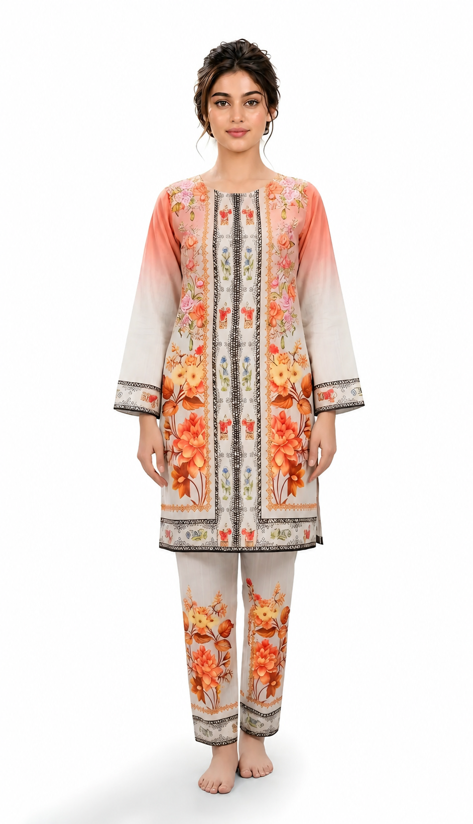 Coral Ombre Floral Printed 2-Piece Suit with Straight Trousers