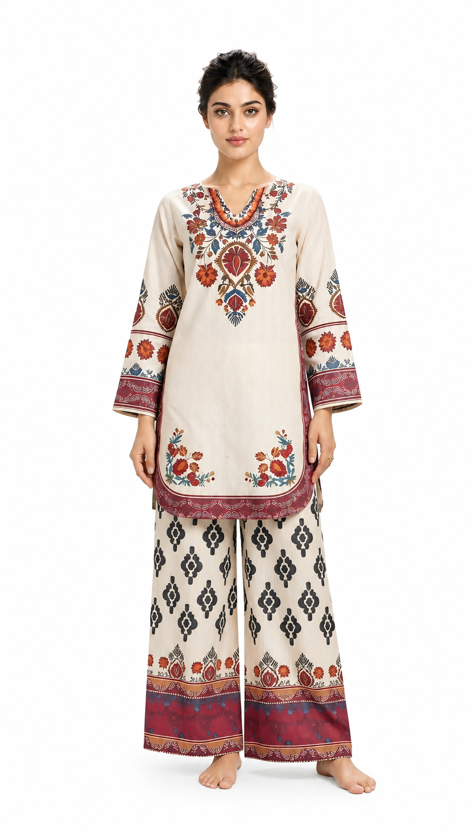 Ivory Floral Printed 2-Piece Suit with Ikat Palazzo