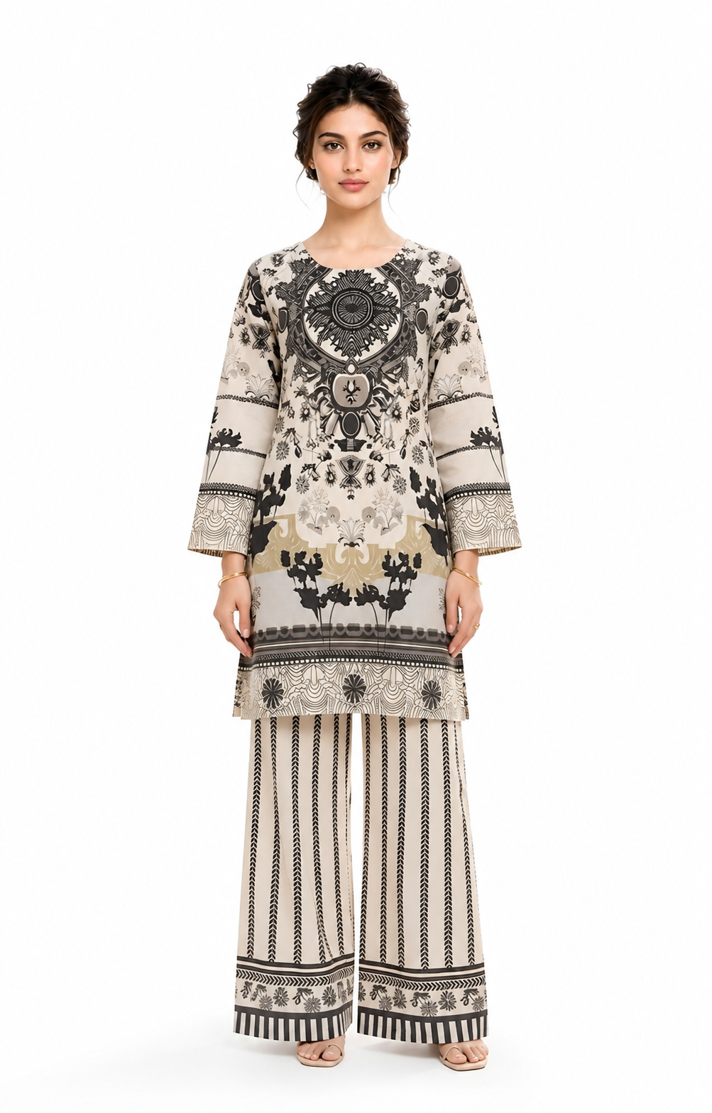 Ivory & Black Monochrome Printed 2-Piece Suit with Palazzo